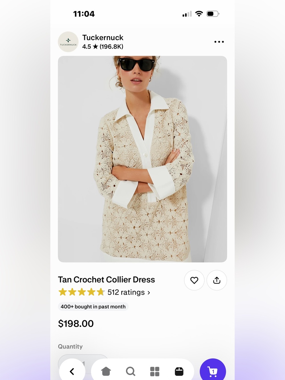 Tuckernuck Crochet Collared Tunic Dress in Tan and White